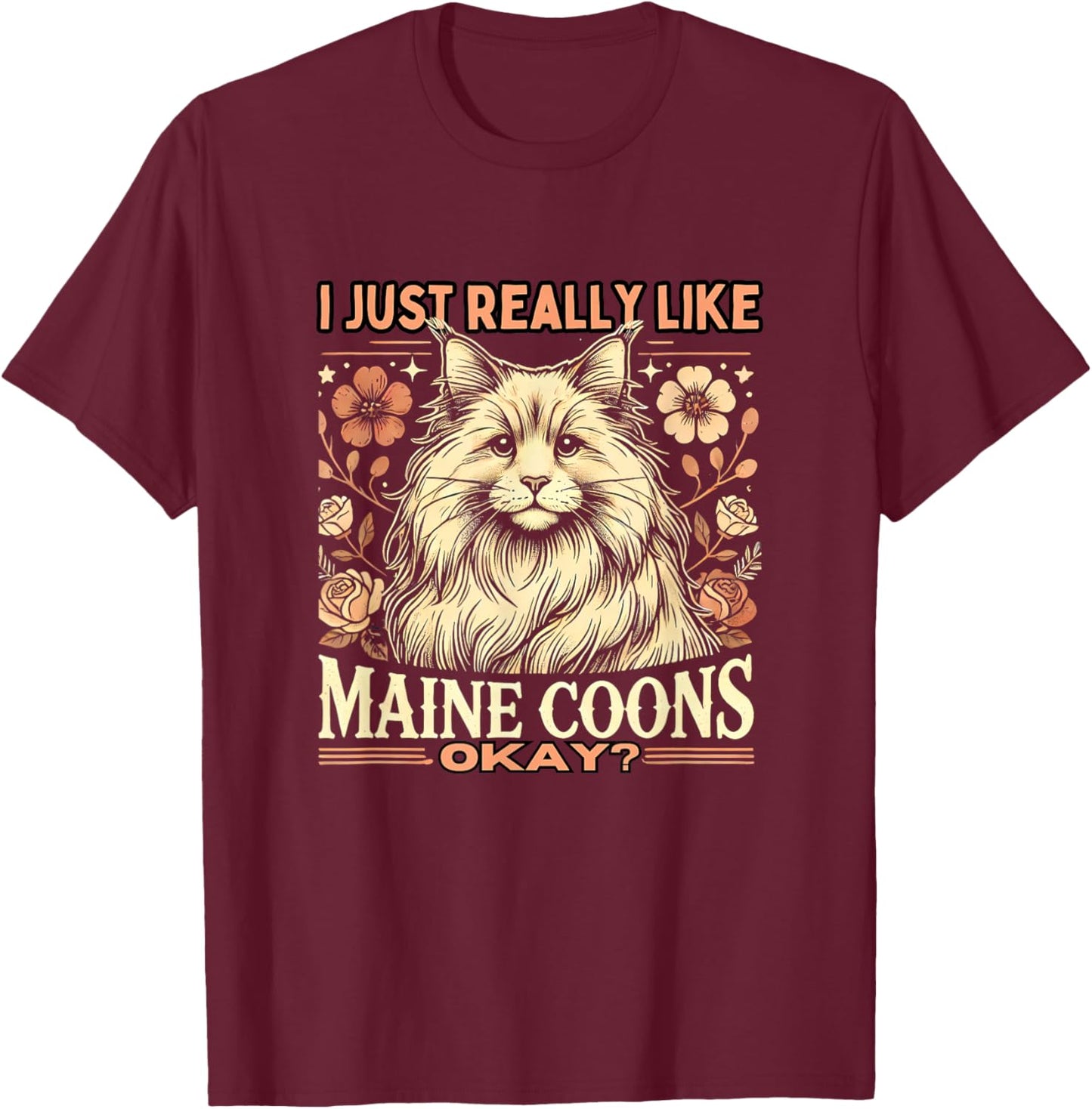 Maine Coon Gifts Maine Coon Lover -Adults Kids Cat Lovers Black Small Modern Classic Round Collar Short Sleeve Classic Fit Lightweight T-Shirt - T-Shirt | Maroon