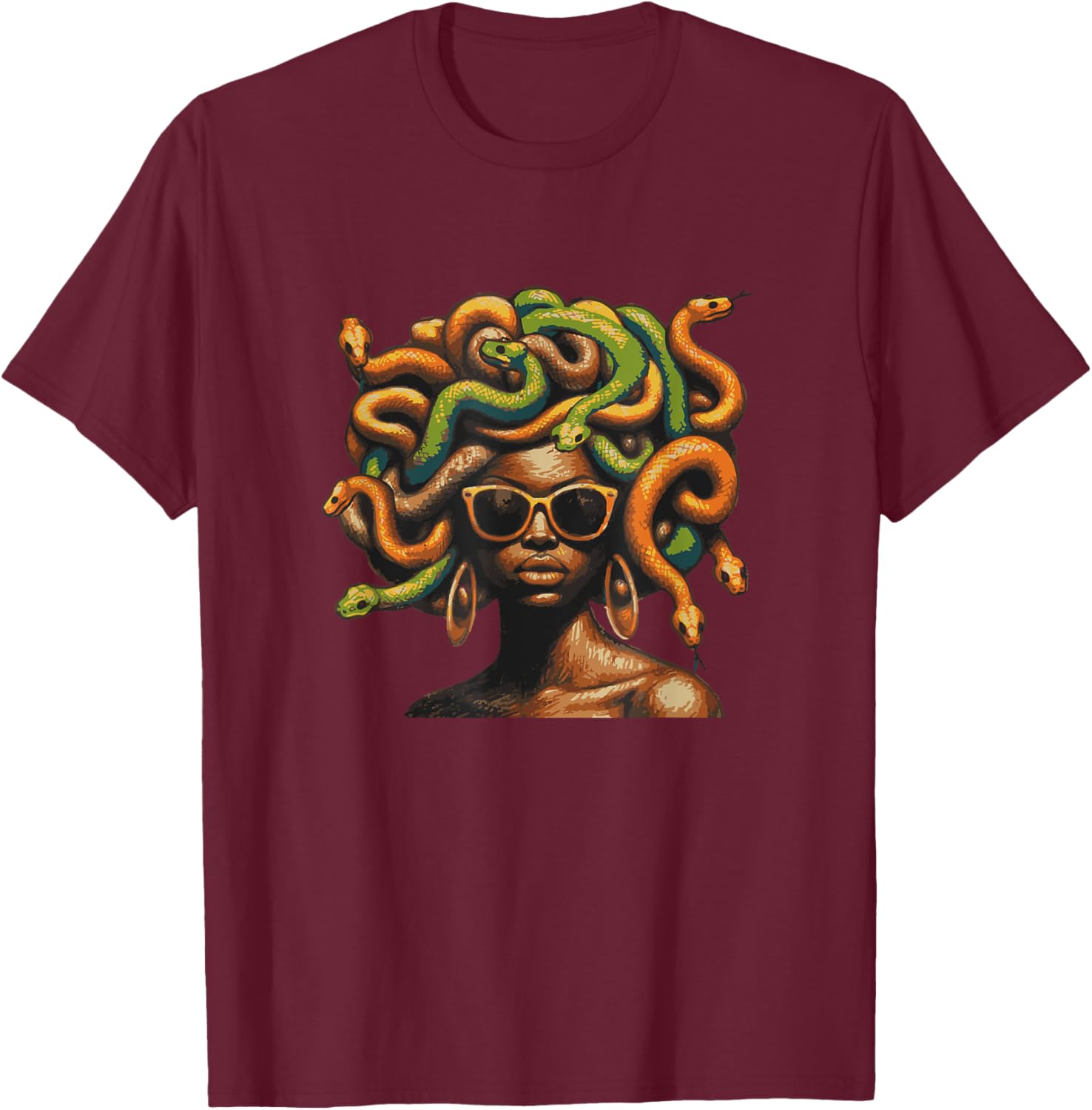 Afro Black Melanin Skin Tone with Medusa Snake Hairstyle T-Shirt - T-Shirt | Maroon