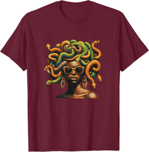 Afro Black Melanin Skin Tone with Medusa Snake Hairstyle T-Shirt - T-Shirt | Maroon