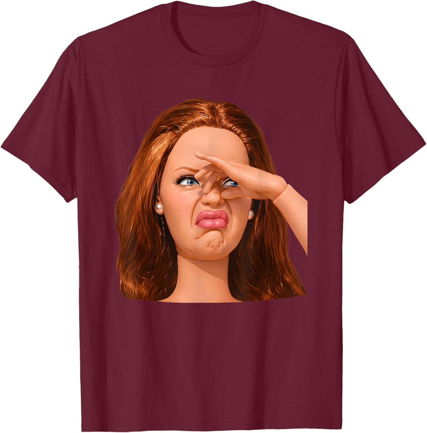 Funny Creepy Doll Face Meme Expression Hilarious Sarcastic T-Shirt - T-Shirt | Maroon