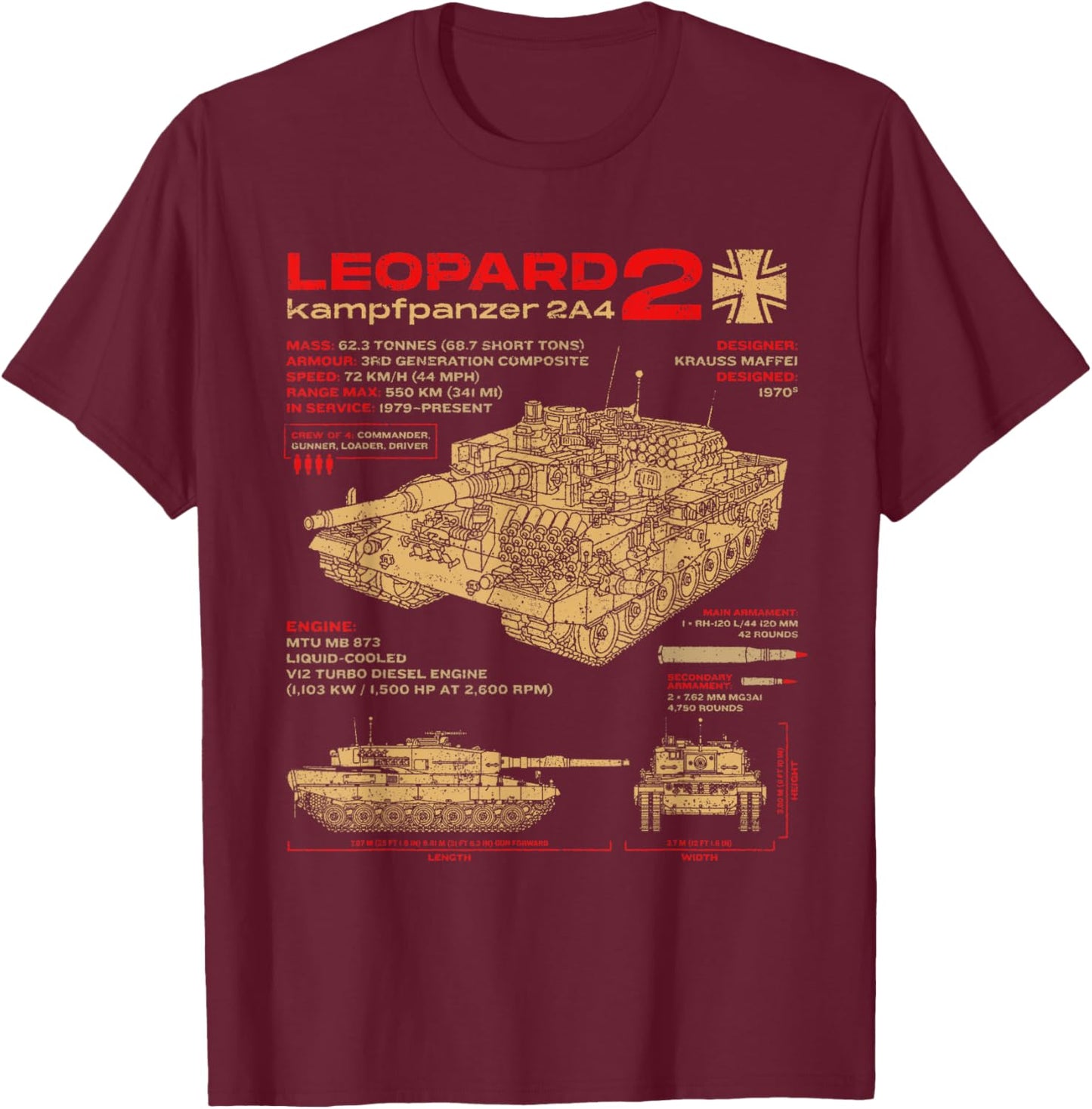 Leopard 2 2A4 Tank Armored Vehicle Blueprint T-Shirt - T-Shirt | Maroon