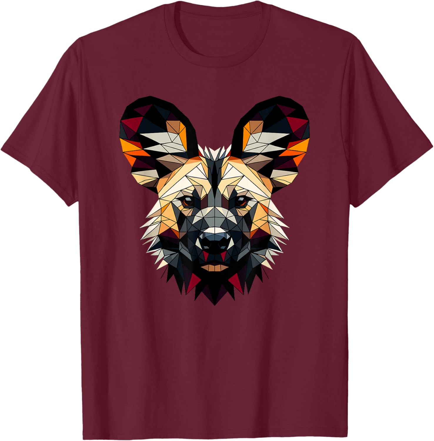 Geometric Art African Wild Dog T-Shirt - T-Shirt | Maroon