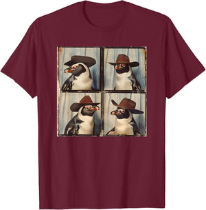 Penguin In Hat Funny Zoo Animal Photobooth Penguin Cowboy T-Shirt - T-Shirt | Maroon