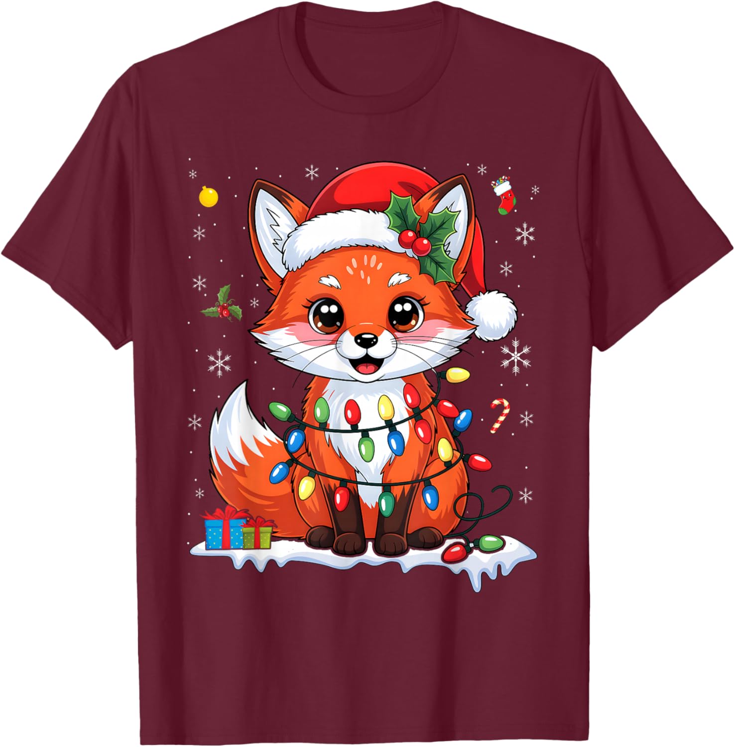 Merry Foxmas Christmas Lights Cute Fox Santa Hat T-Shirt - T-Shirt | Maroon
