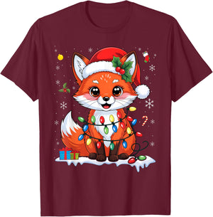 Merry Foxmas Christmas Lights Cute Fox Santa Hat T-Shirt - T-Shirt | Maroon