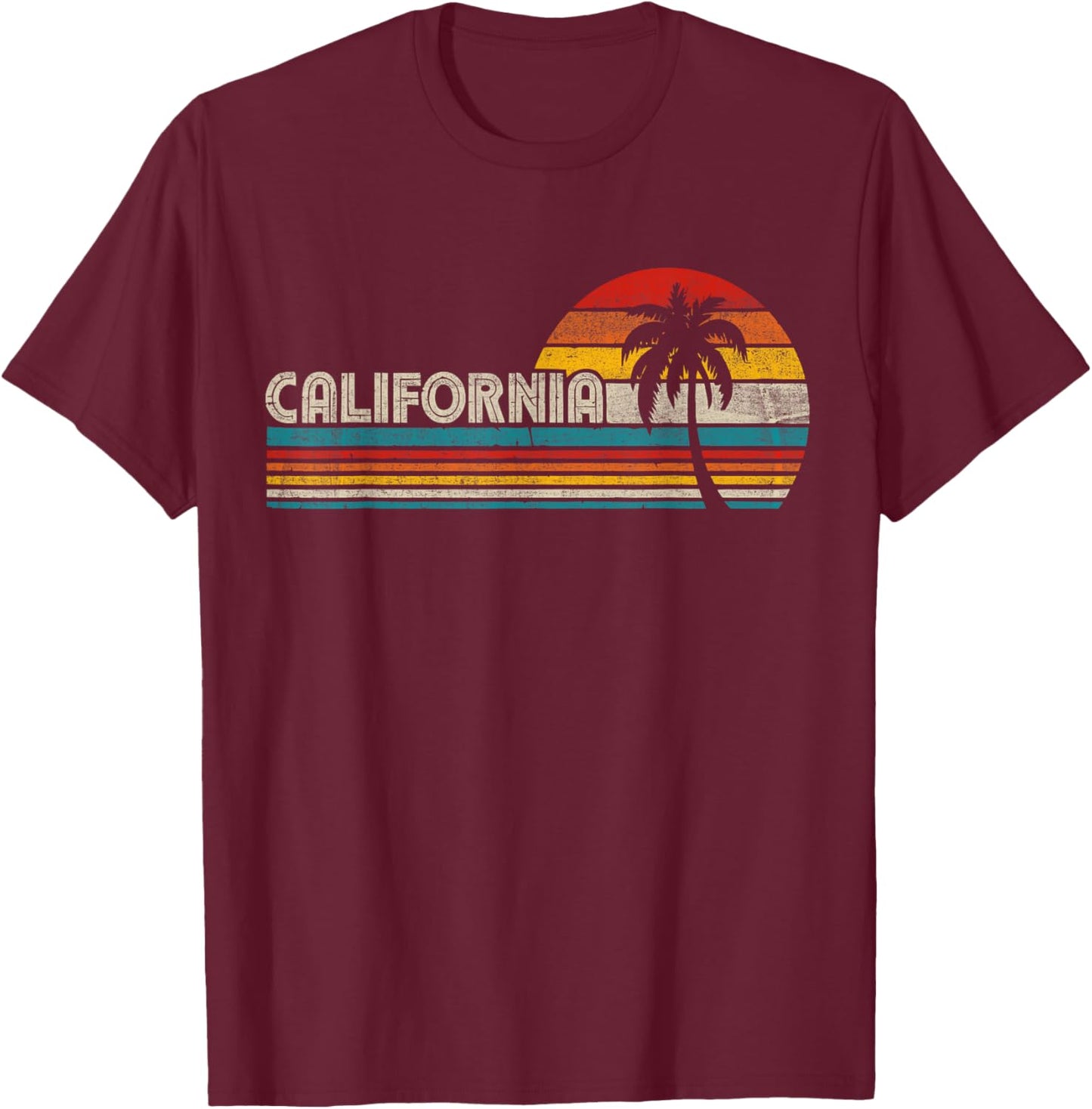 Vintage California Sunset Palm Trees Summer Vacation Vibes T-Shirt - T-Shirt | Maroon