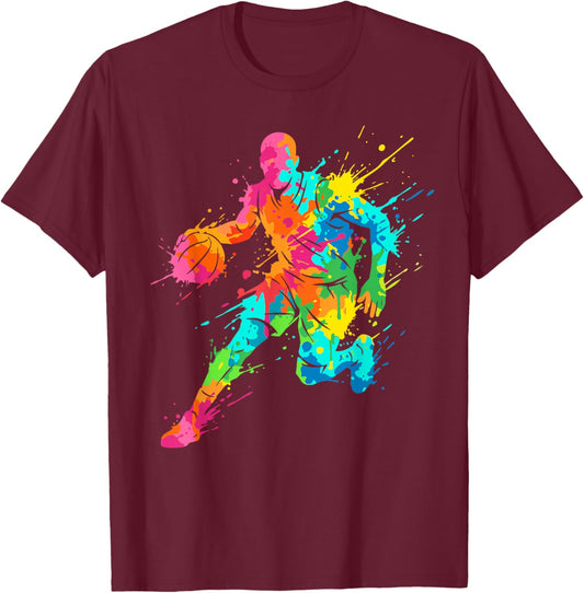 Retro Basketball Player Colorful Ball Colorful T-Shirt - T-Shirt | Maroon