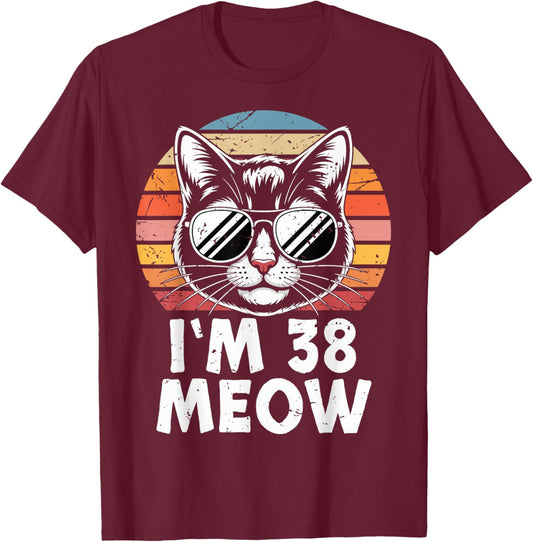 38 Birthday 38 Years Old I’m 38 Meow Funny Cat Birthday T-Shirt - T-Shirt | Maroon