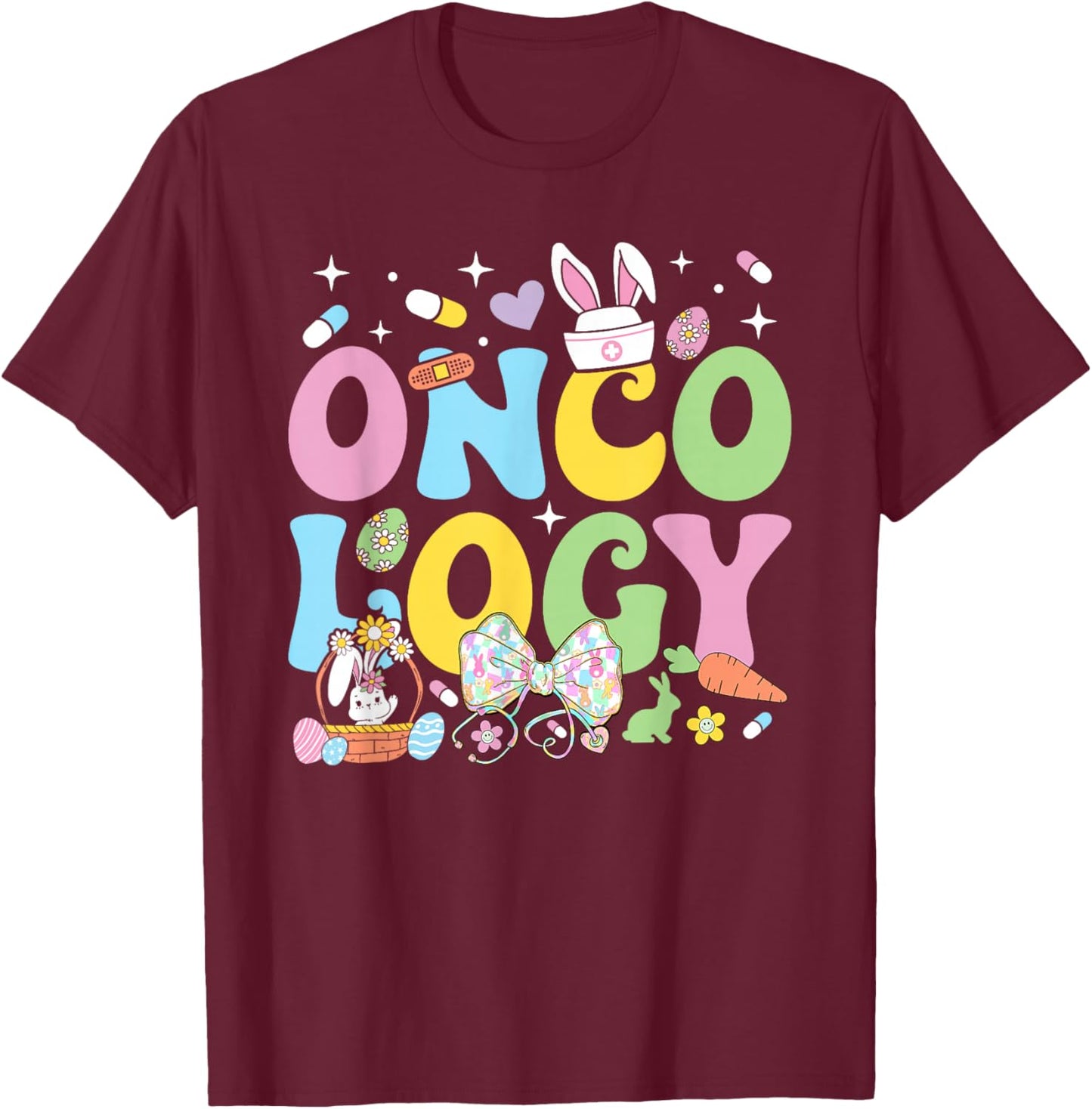 Oncology Nurse Easter Coquette Stethoscope Bunny Easter Day T-Shirt - T-Shirt | Maroon
