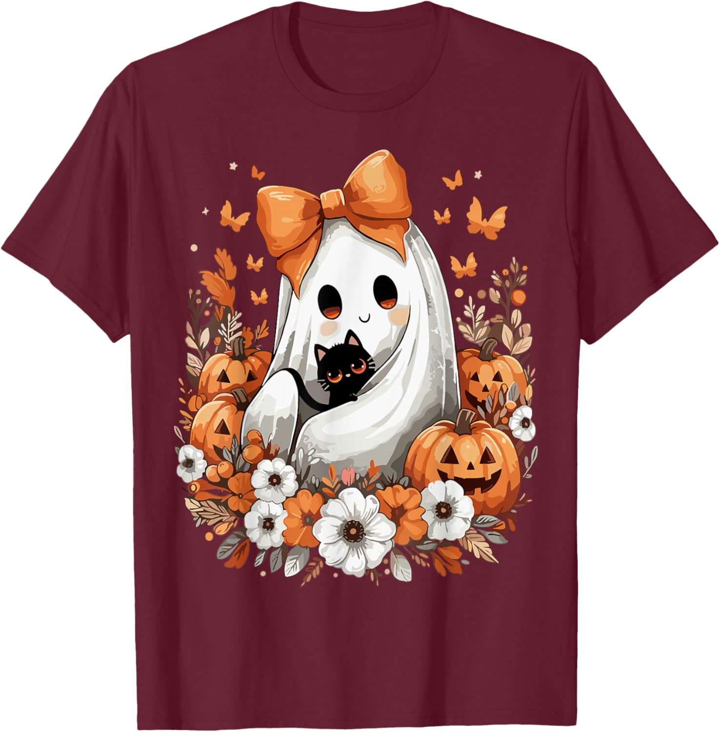 Halloween Vintage Ghost with Black Cat Pumpkin Flowers T-Shirt - T-Shirt | Maroon