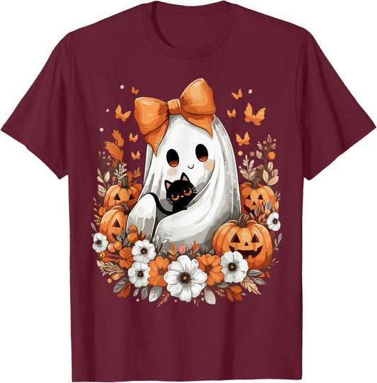 Halloween Vintage Ghost with Black Cat Pumpkin Flowers T-Shirt - T-Shirt | Maroon