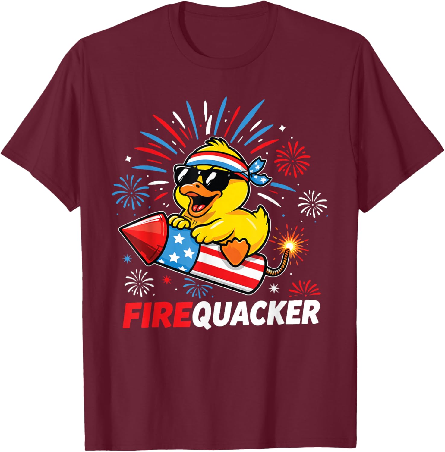 Firequacker 4th of July Funny Duck Fireworks Men Women Kids T-Shirt - T-Shirt | Maroon