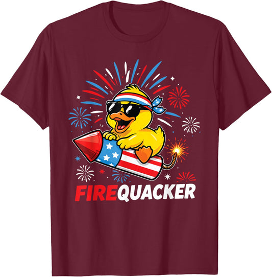 Firequacker 4th of July Funny Duck Fireworks Men Women Kids T-Shirt - T-Shirt | Maroon