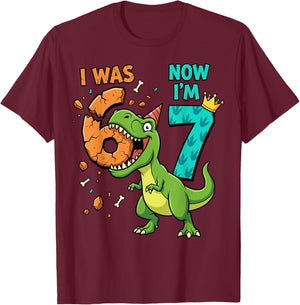I was 6 Now I'm 7 T-Rex 7th Birthday 6 7 Birthday Boys T-Shirt - T-Shirt | Maroon