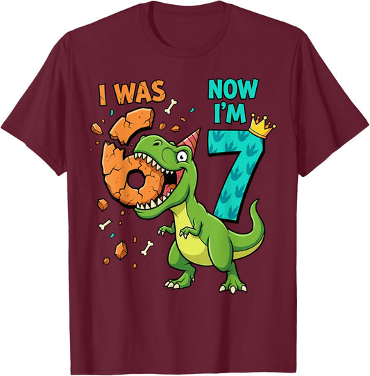 I was 6 Now I'm 7 T-Rex 7th Birthday 6 7 Birthday Boys T-Shirt - T-Shirt | Maroon
