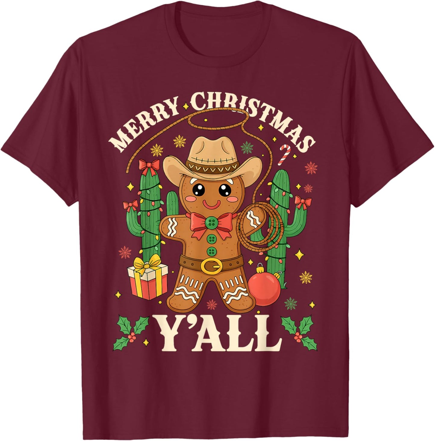 Merry Christmas Yall Gingerbread Cowboy Cowgirl Howdy Xmas T-Shirt - T-Shirt | Maroon