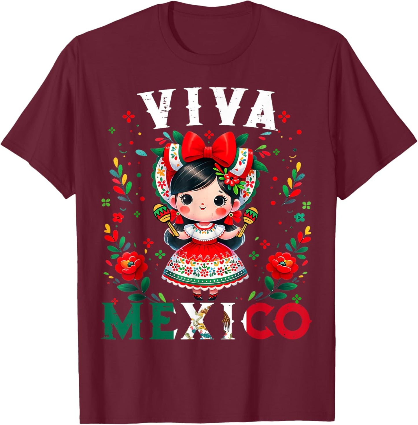 Viva Mexico Flag Mexican Independence Day Girls Kids T-Shirt - T-Shirt | Maroon