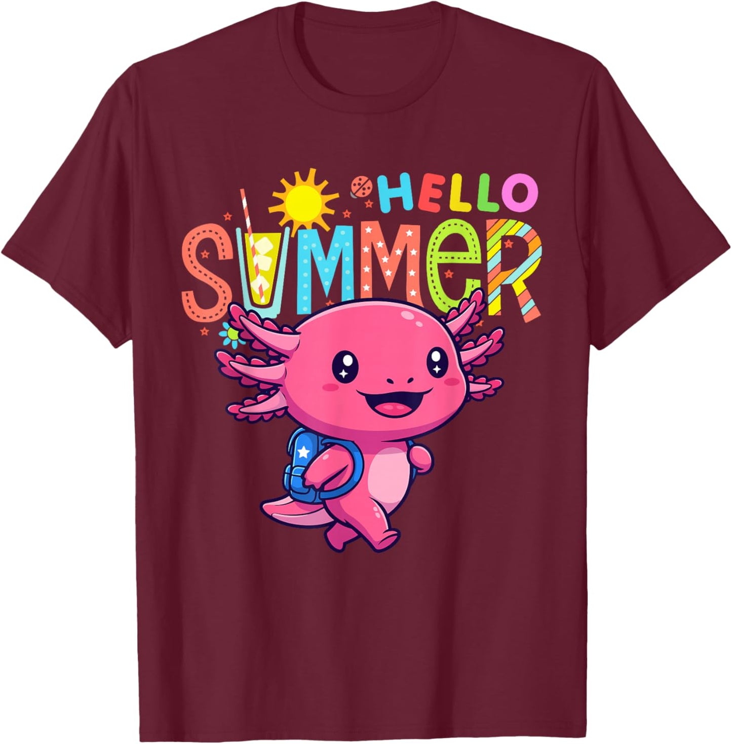 Hello Summer Funny Axolotl Last Day of School Axolotl Kids T-Shirt - T-Shirt | Maroon