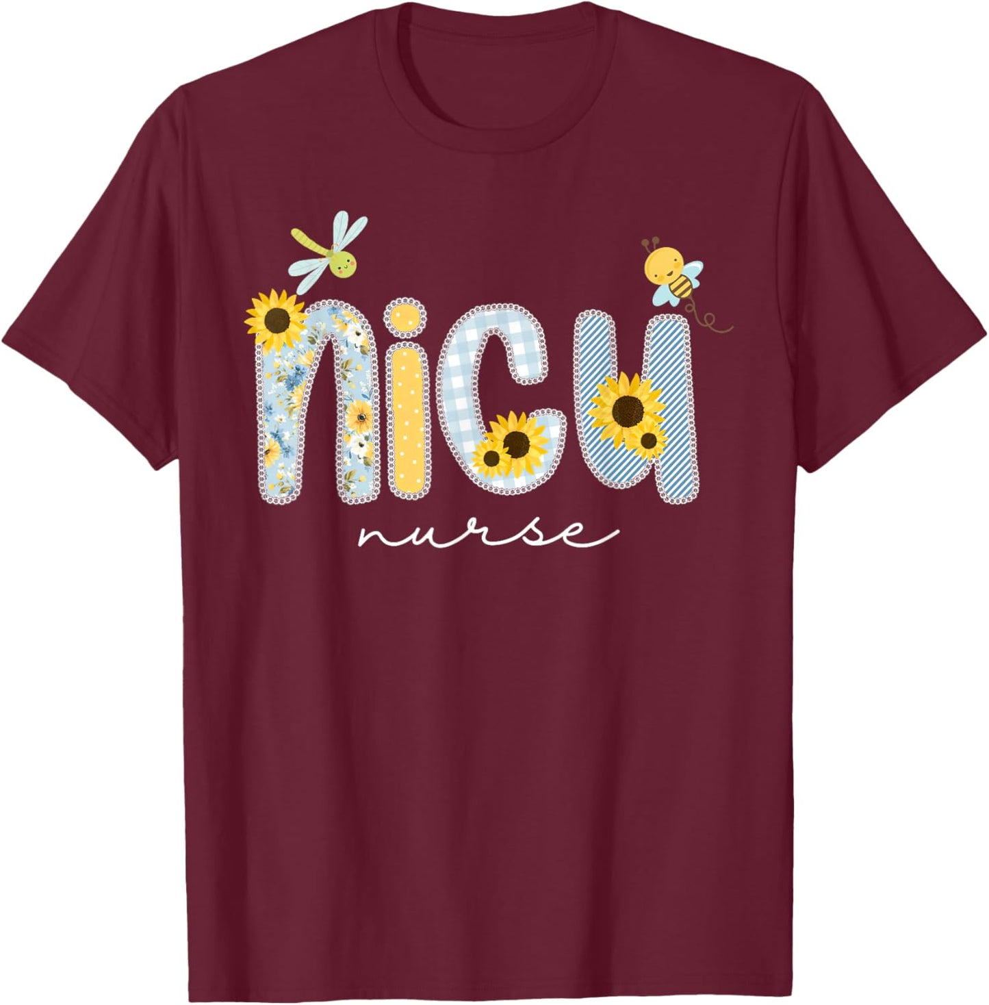 Cute NICU Nurse Sunflower Bee Neonatal Intensive Care Unit T-Shirt - T-Shirt | Maroon