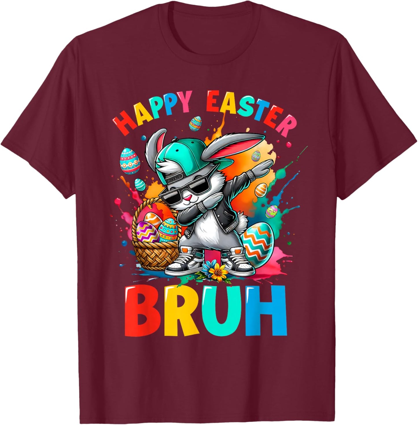 Dabbing Bunny Sunglasses Rabbit Eggs Happy Easter Bruh Funny T-Shirt - T-Shirt | Maroon