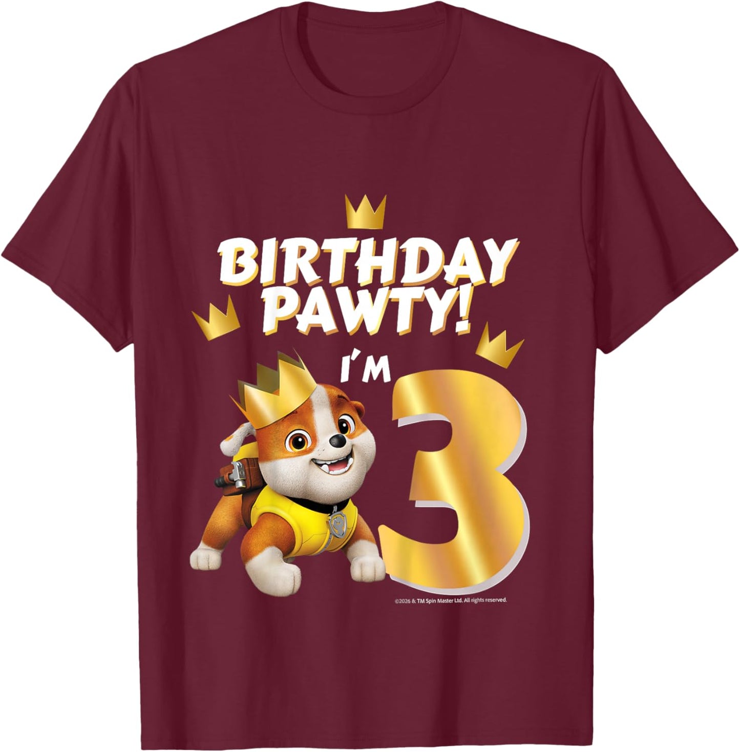 Official Paw Patrol Rubble Birthday Pawty I'm 3 Party T-Shirt - T-Shirt | Maroon