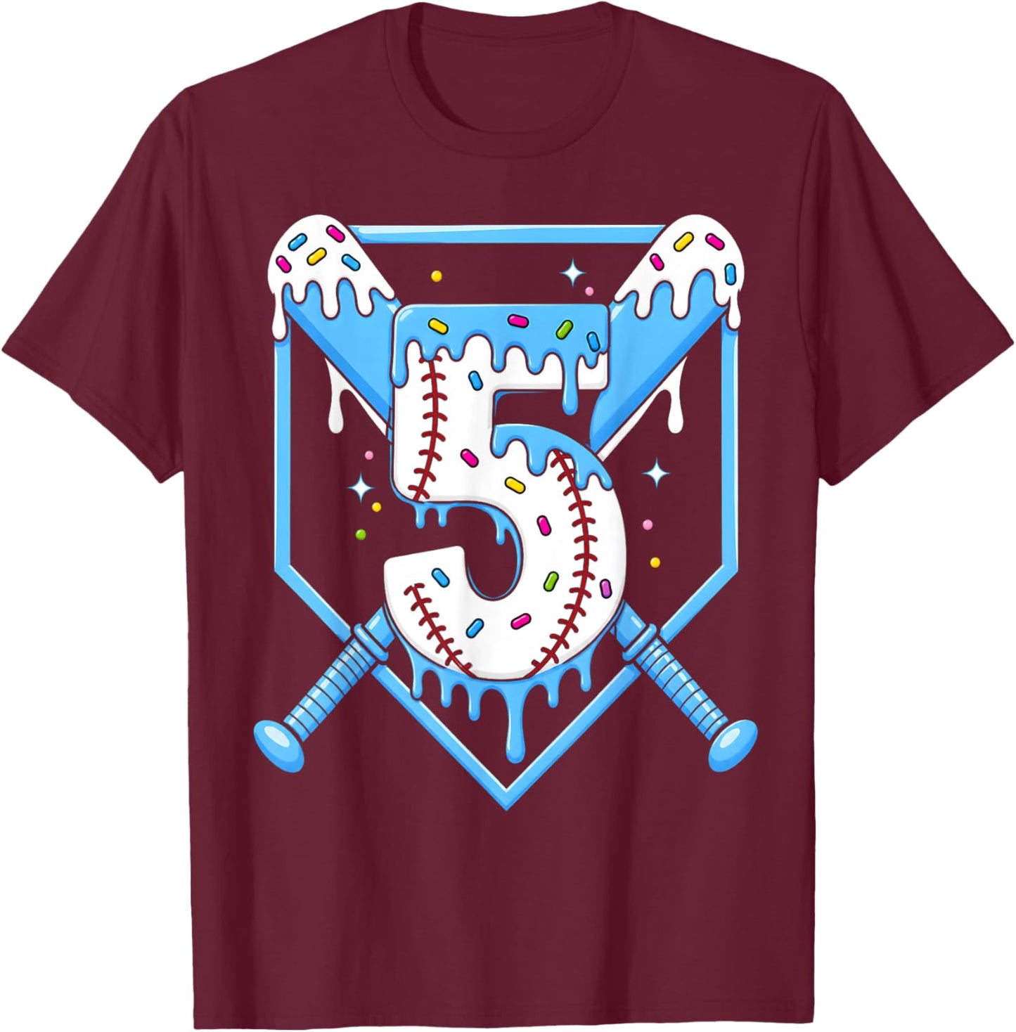 5th Birthday Boy Baseball Ice Cream Drip 5 Year Old Party T-Shirt - T-Shirt | Maroon
