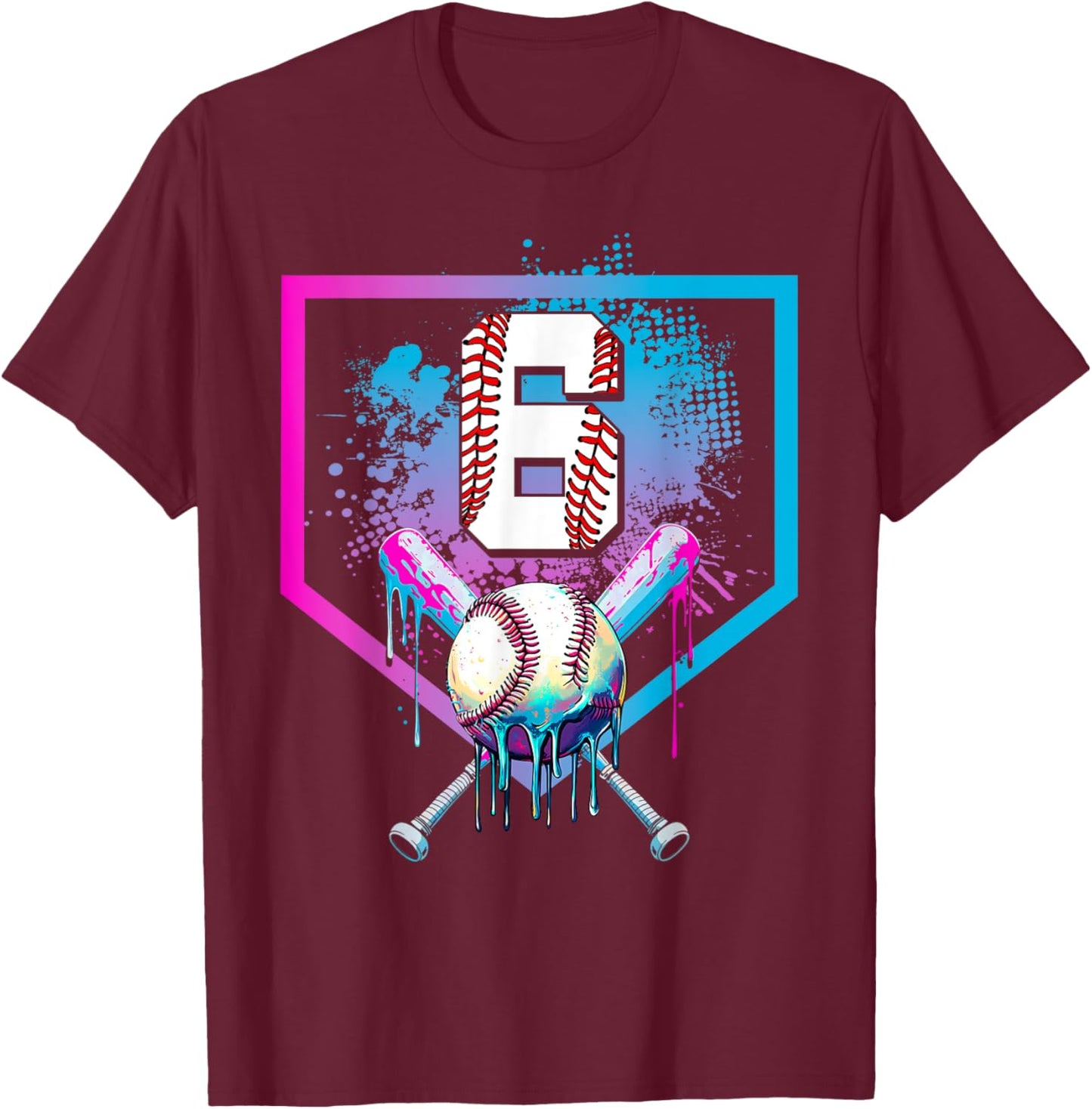 Baseball Drip 6th Birthday Home Plate Boys Youth 6 Year Old T-Shirt - T-Shirt | Maroon