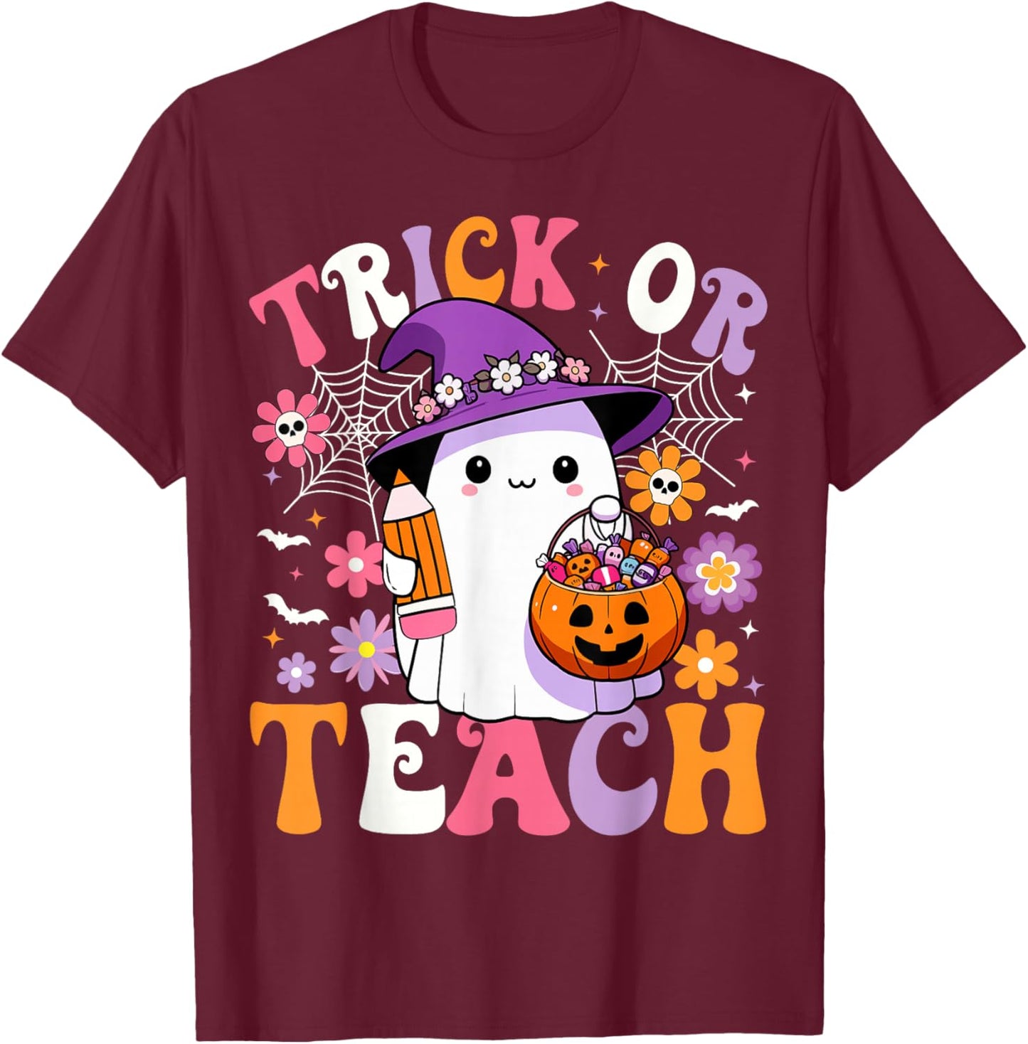 Trick Or Teach Groovy Teacher Ghost Funny Halloween Teacher T-Shirt - T-Shirt | Maroon