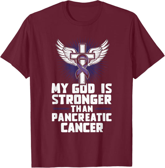 My God Is Stronger Than Pancreatic Cancer Purple Ribbon T-Shirt - T-Shirt | Maroon