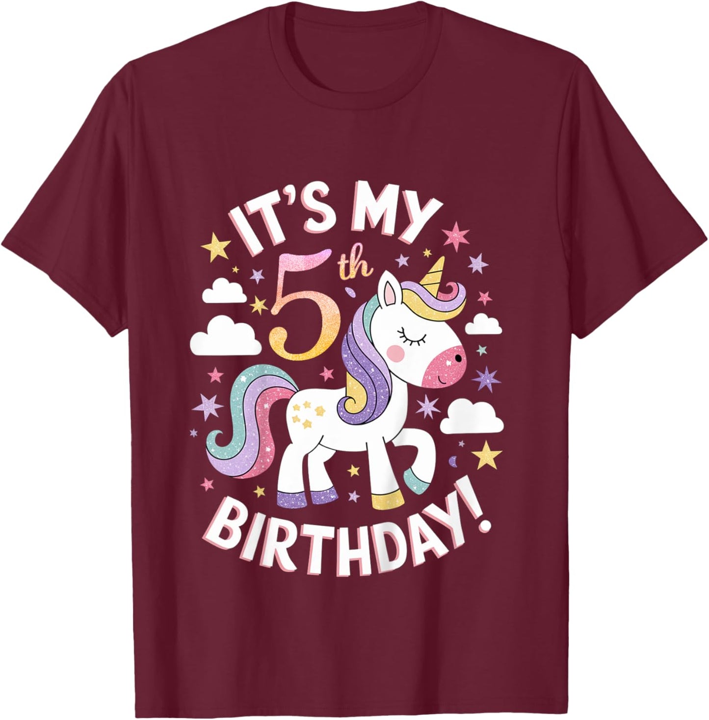Kids It's My 5th Birthday Unicorn 5 Years Old Girl Birthday Party T-Shirt - T-Shirt | Maroon