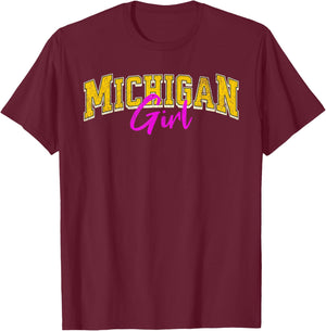 Vintage Michigan Girl Retro Pink Michigan Women and Girls T-Shirt - T-Shirt | Maroon