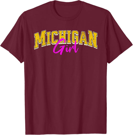 Vintage Michigan Girl Retro Pink Michigan Women and Girls T-Shirt - T-Shirt | Maroon