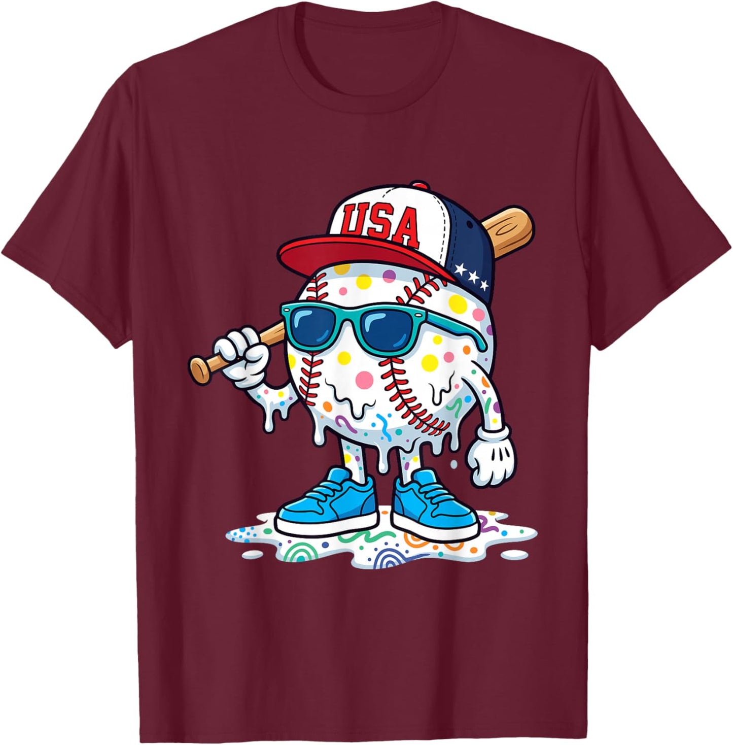 Baseball Drip American Flag for Boys Kids Youth 4th of July T-Shirt - T-Shirt | Maroon