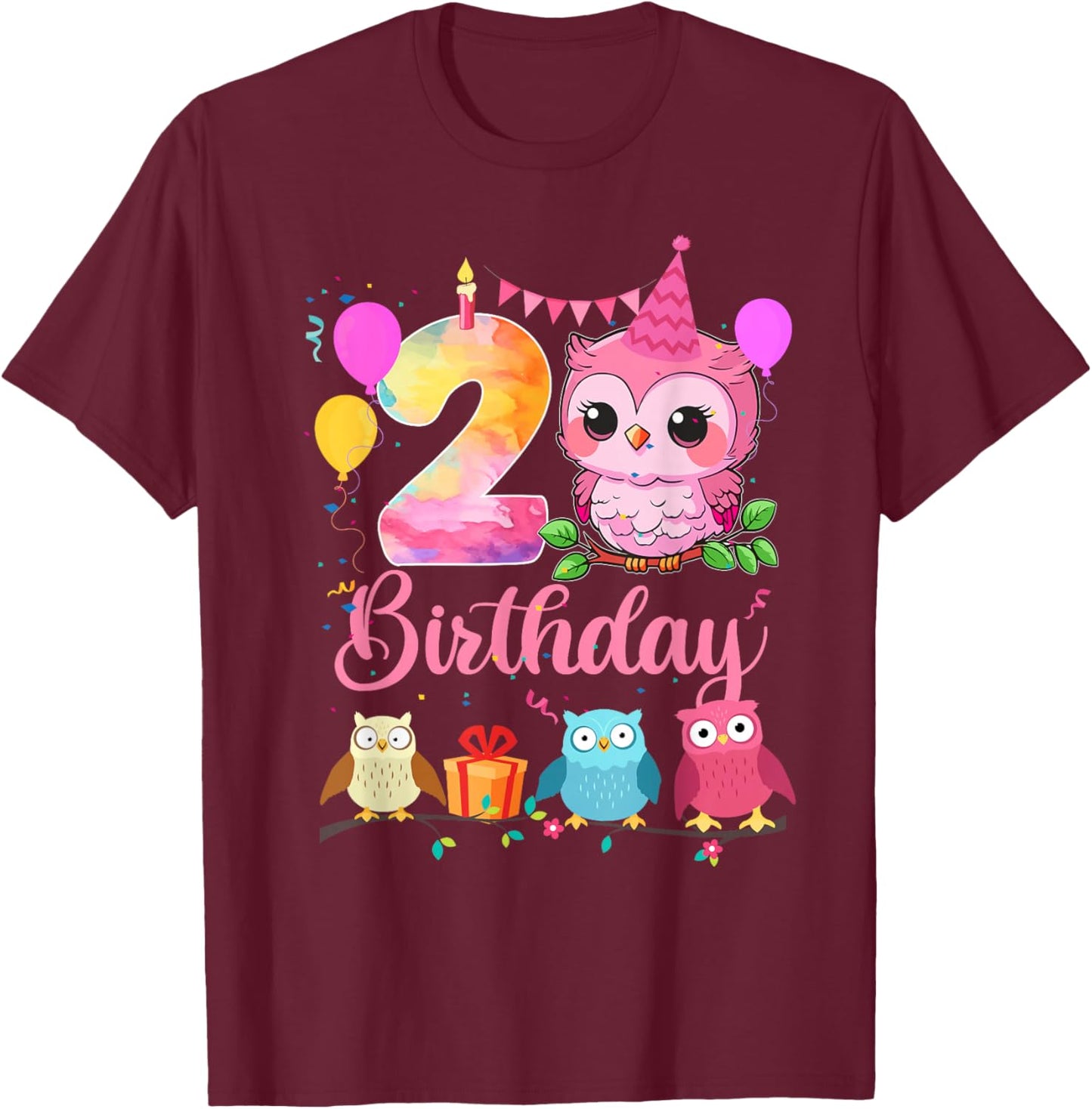 2nd Owl Birthday Party 2 Years Old Girls Owl Birthday T-Shirt - T-Shirt | Maroon