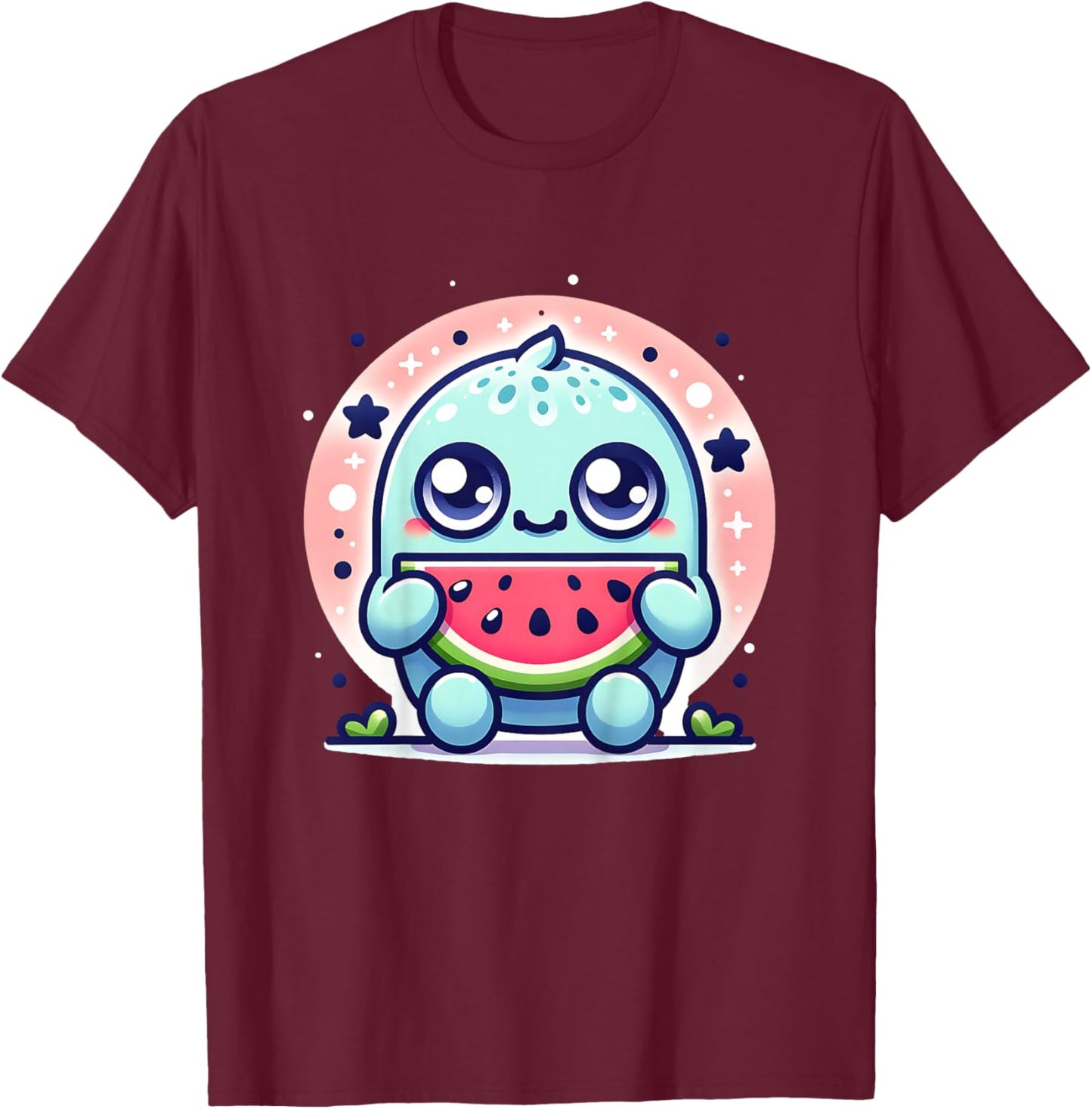 Cute Monster Eating Watermelon Funny Graphic Outfit Boy Girl T-Shirt - T-Shirt | Maroon