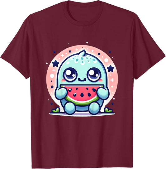 Cute Monster Eating Watermelon Funny Graphic Outfit Boy Girl T-Shirt - T-Shirt | Maroon