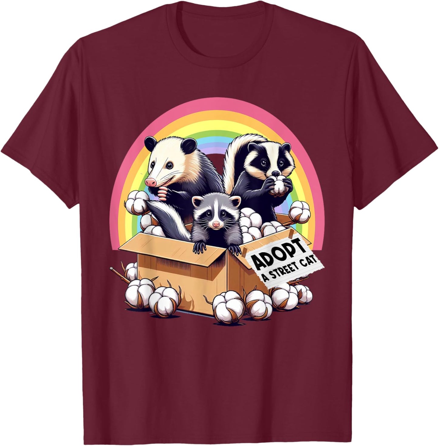 Adopt A Street Cat Funny Opossum Raccoon Skunk Vintage T-Shirt - T-Shirt | Maroon