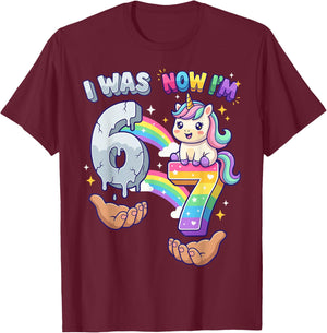 I was 6 Now I'm 7 7th Birthday 6 7 Birthday Girls Unicorn T-Shirt - T-Shirt | Maroon