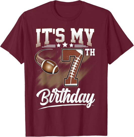 Kids 7 Year Old It's My 7th Birthday Football Themed Party T-Shirt - T-Shirt | Maroon