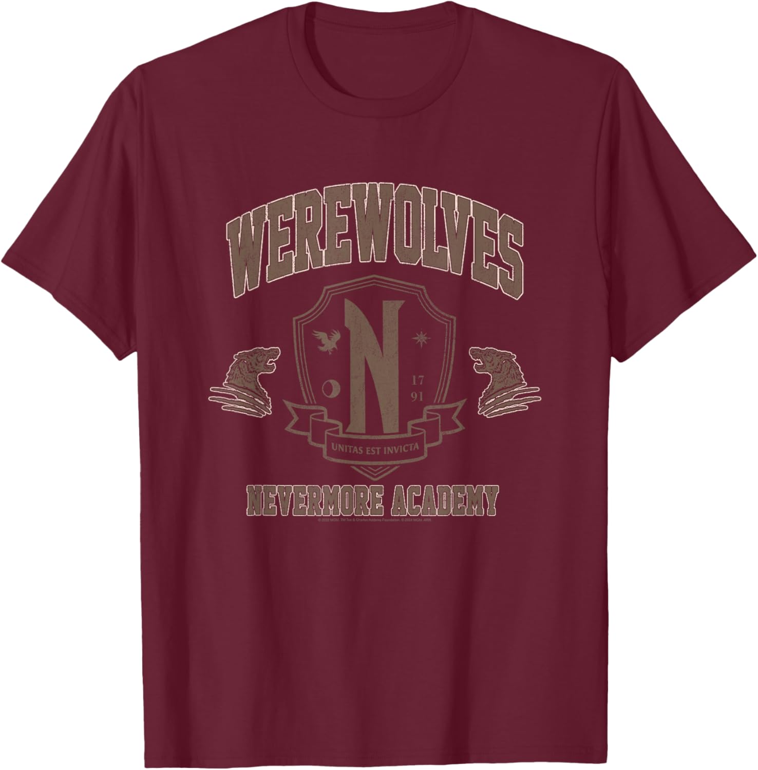 Wednesday Werewolves Nevermore Academy Distressed Chest Logo T-Shirt - T-Shirt | Maroon
