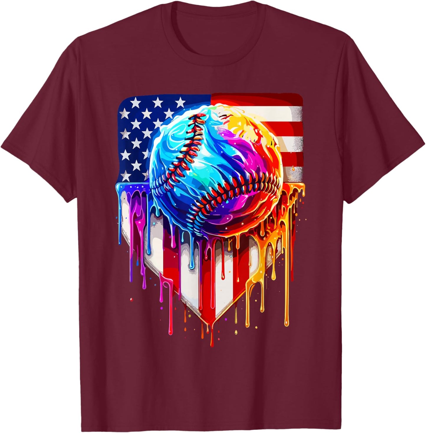 Baseball Ice Cream American Flag Drip T-Shirt - T-Shirt | Maroon
