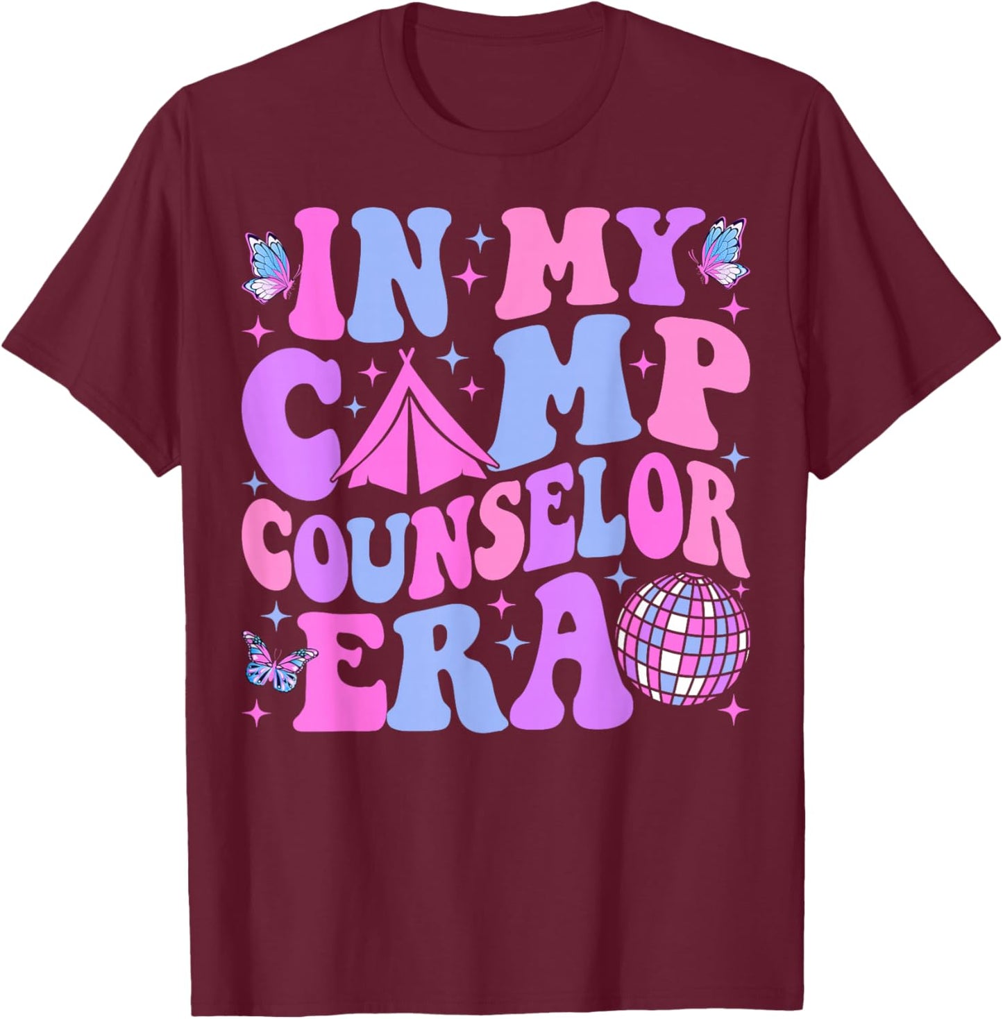 in My Camp Counselor Era Groovy Summer Camp Counselor T-Shirt - T-Shirt | Maroon