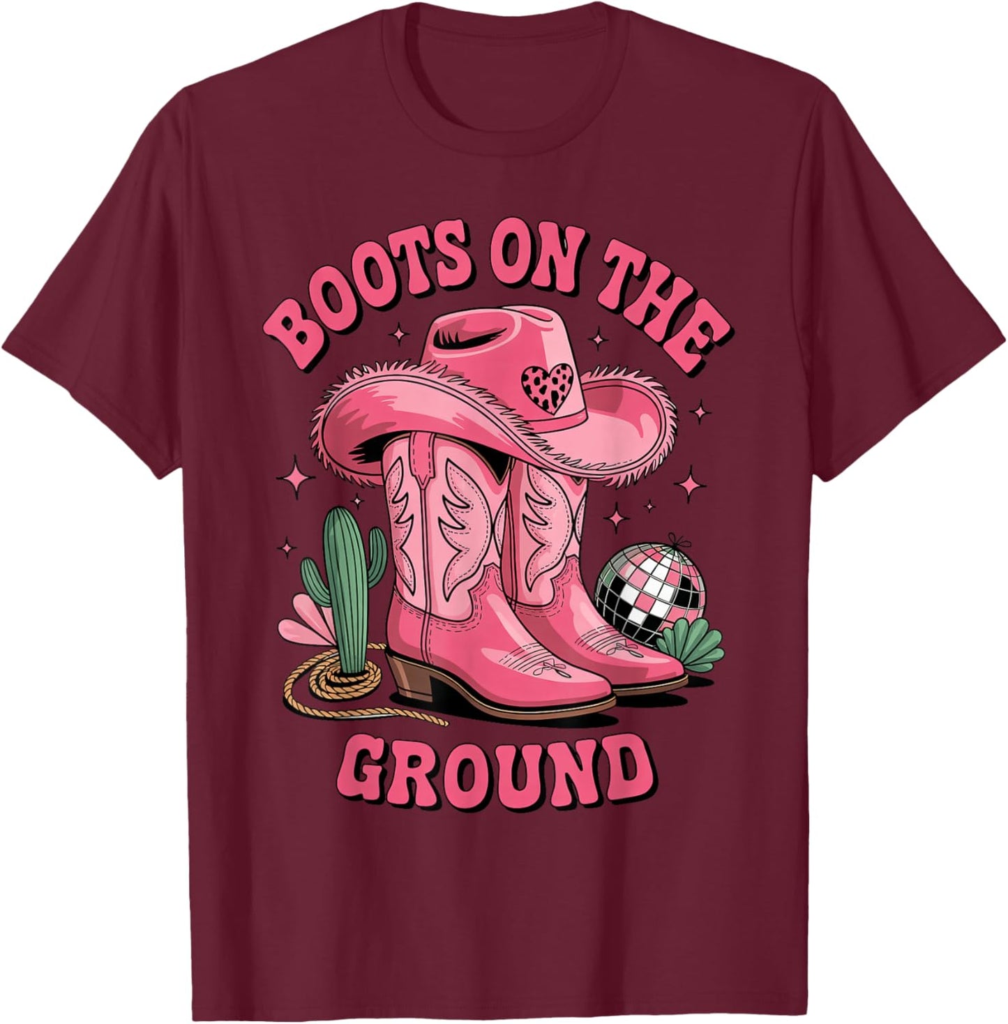 Pink Cowgirl Boots on Ground Retro Western Country Style T-Shirt - T-Shirt | Maroon