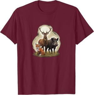 Forest Animal Design, Deer, Boar and Fox T-Shirt - T-Shirt | Maroon