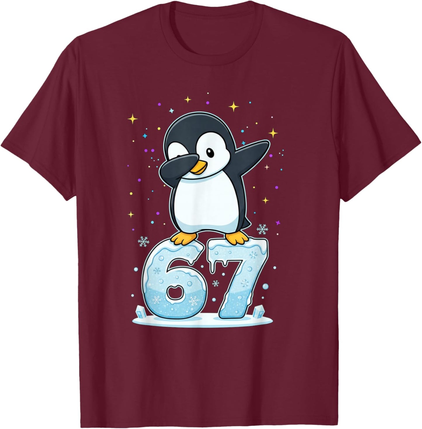 Dabbing Penguin 67 Funny Six Seven Gen Z Slang Meme Cute T-Shirt - T-Shirt | Maroon