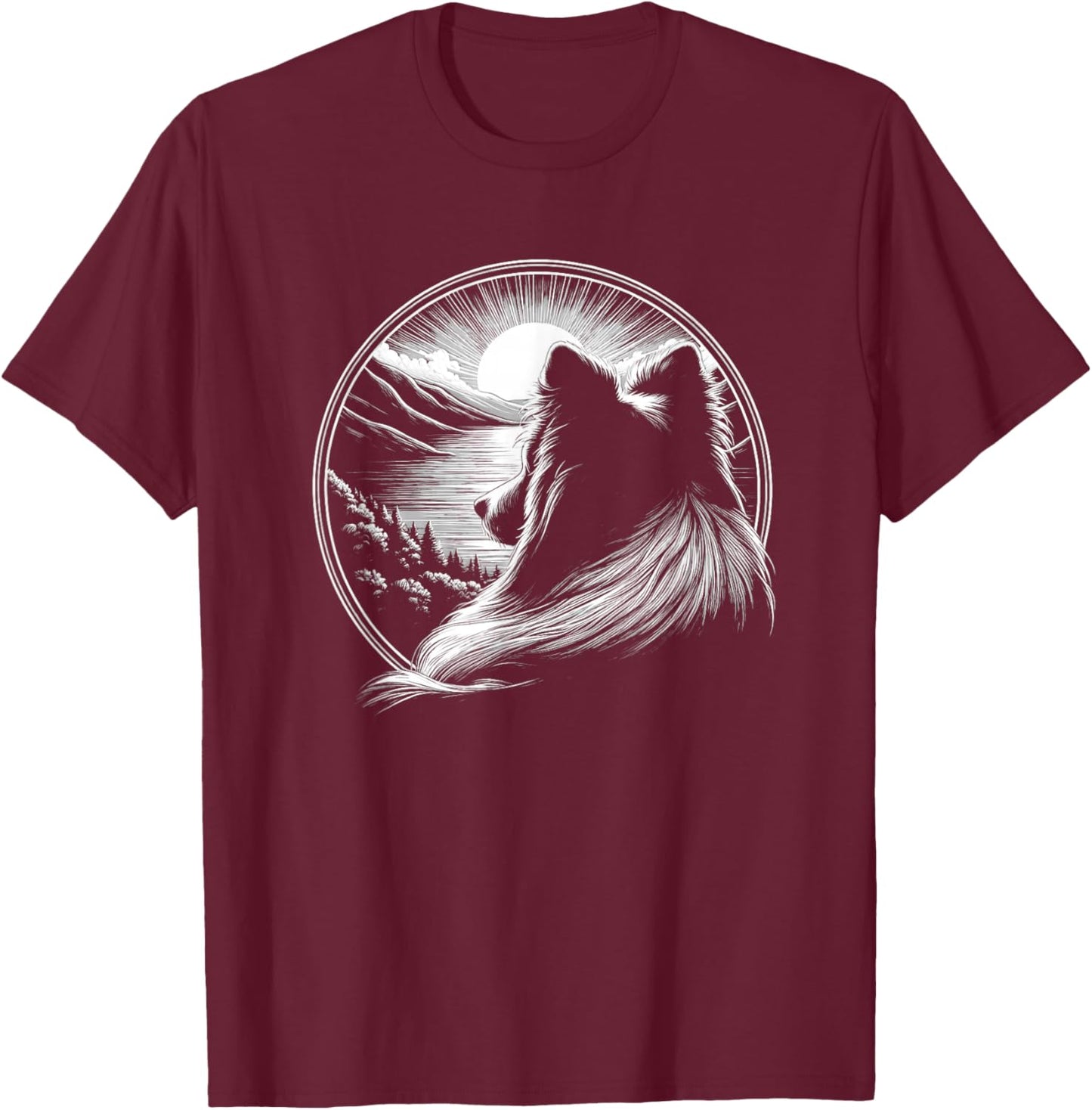 Shetland Sheepdog Dog Scene Sheltie Graphic Art Design T-Shirt - T-Shirt | Maroon