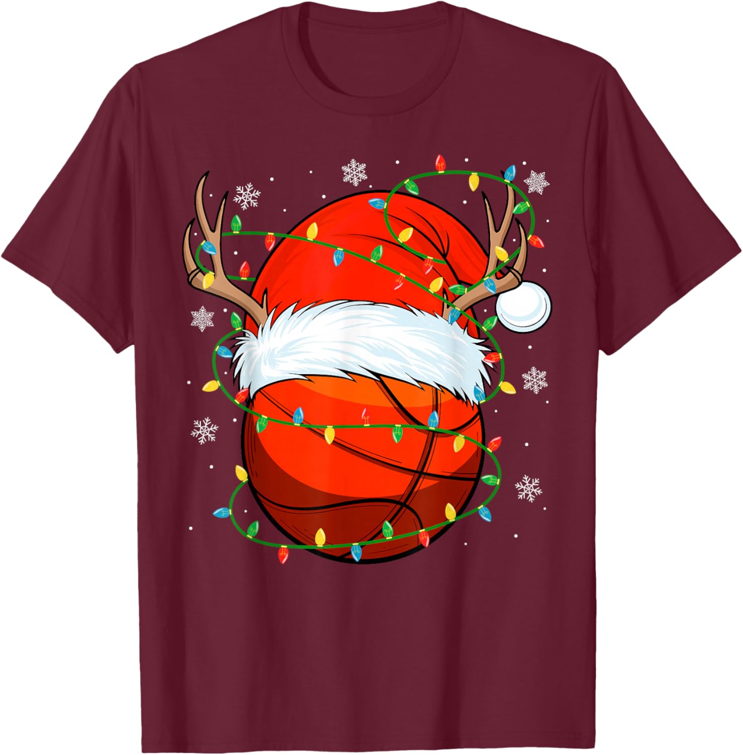 Santa Basketball Ball Xmas Lights Christmas Basketball T-Shirt - T-Shirt | Maroon