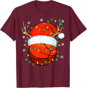 Santa Basketball Ball Xmas Lights Christmas Basketball T-Shirt - T-Shirt | Maroon