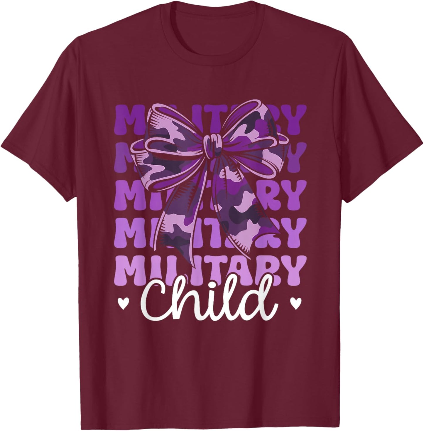 Military Child Purple Up for Military Kids Camo Coquette Bow T-Shirt - T-Shirt | Maroon