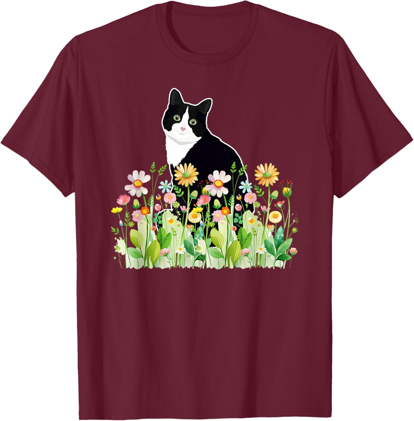 Tuxedo Cat Owner Tuxedo Cat Lover Flowers Tuxedo Cat Mom T-Shirt - T-Shirt | Maroon